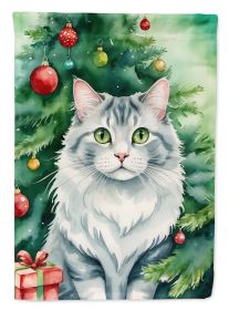 American Curl Cat By the Christmas Tree House Flag Large Porch Sleeve Pole Decorative Outside Yard Banner Artwork Wall Hanging, Polyester, House Size