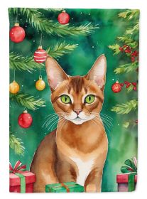 Abyssinian Cat By the Christmas Tree House Flag Large Porch Sleeve Pole Decorative Outside Yard Banner Artwork Wall Hanging, Polyester, House Size