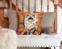 Colorpoint Longhair Cat in Fall Leaves Throw Pillow Machine Washable, Indoor Outdoor Decorative Pillow for Couch, Bed or Patio, 14Hx14W
