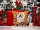 Colorpoint Longhair Cat in Fall Leaves Throw Pillow Machine Washable, Indoor Outdoor Decorative Pillow for Couch, Bed or Patio, 14Hx14W