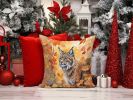 Highlander Lynx Cat in Fall Leaves Throw Pillow Machine Washable, Indoor Outdoor Decorative Pillow for Couch, Bed or Patio, 14Hx14W