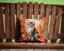 Oriental Longhair Cat in Fall Leaves Throw Pillow Machine Washable, Indoor Outdoor Decorative Pillow for Couch, Bed or Patio, 14Hx14W