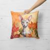 Cornish Rex Cat in Fall Leaves Throw Pillow Machine Washable, Indoor Outdoor Decorative Pillow for Couch, Bed or Patio, 18Hx18W